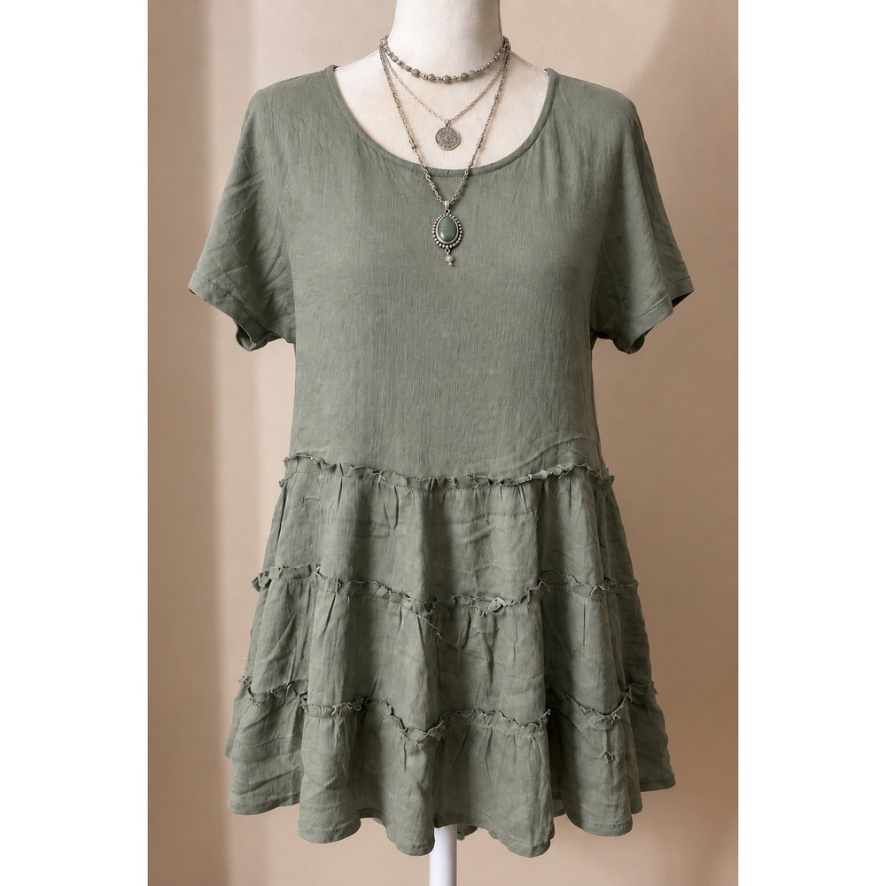 BaeVely Babydoll Hi-Lo Top S Sage Green Excellent Boho Tiered Ruffle w/ Raw Hems